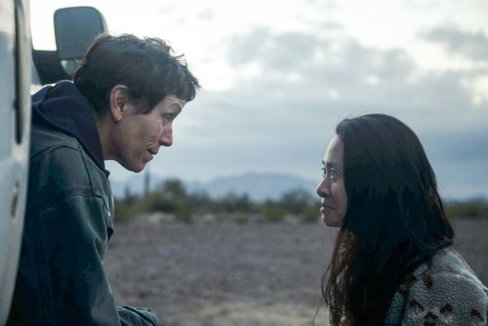 Actress Frances McDormand (left) and director Chloé Zhao (right) both are nominated for Oscars for their work on Nomadland, which is the favorite to win Best Picture at the 93rd Academy Awards on Sunday night.